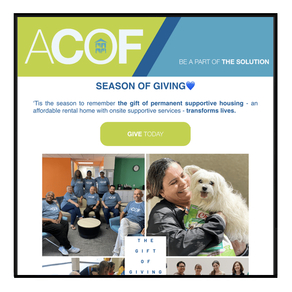 ACOF December newsletter,Give the gift of permanent supportive housing this holiday season.