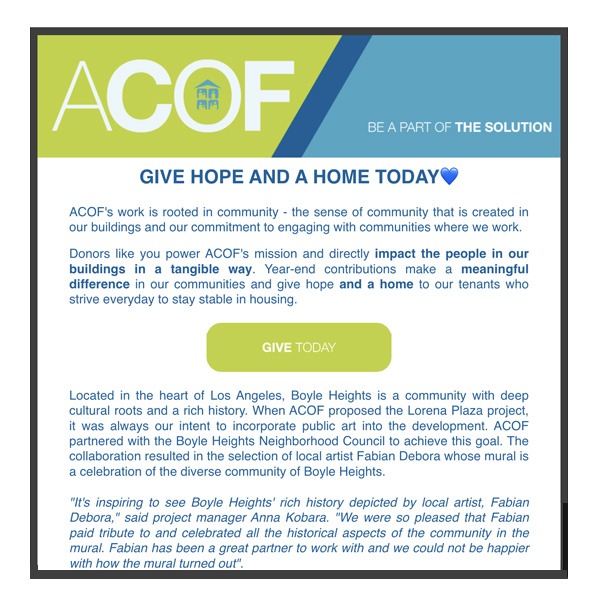 ACOF December newsletter,Give the gift of permanent supportive housing this holiday season. Give Hope and aHome Today