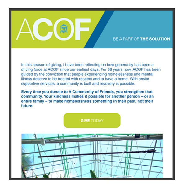 ACOF December newsletter,Give the gift of permanent supportive housing this holiday season. Give Hope and aHome Today